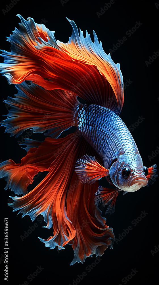 betta fish, fish fighters, ios background style, siamese fish fighting isolated on black background, betta splendens isolated beautiful tail, 