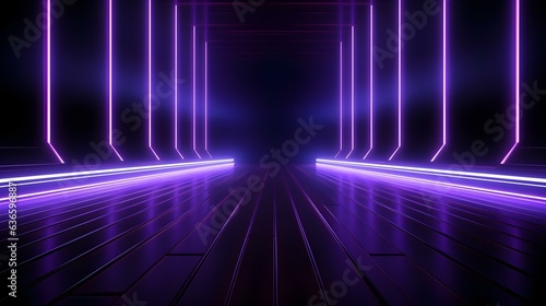 3D Render of a Room with Glowing Dark Purple Neon Lines. Abstract Background