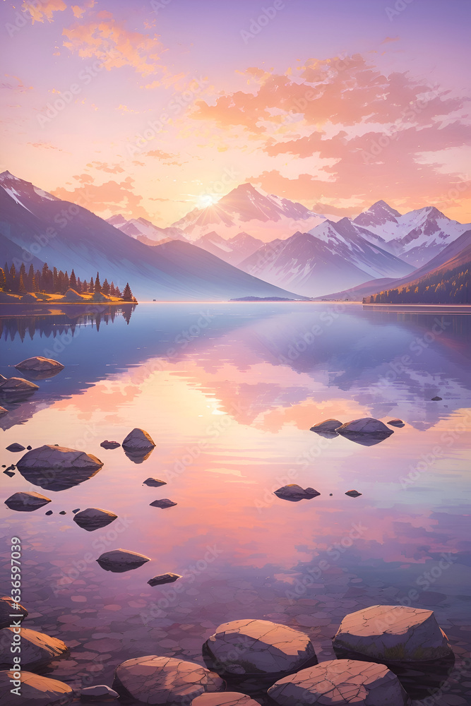 A Serene Mountain Lake Reflecting the Warmth of a Sunset
