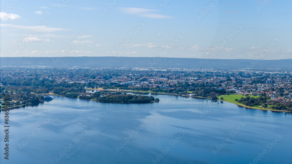 Aerial landscapes above Swan river in Perth, Western Australia