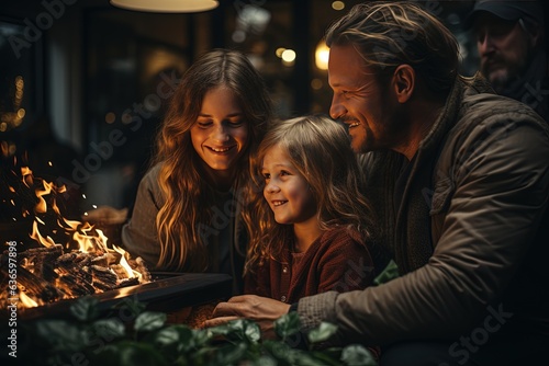 Family bliss in winter - parents and children find solace and happiness around the fireplace's comforting embrace