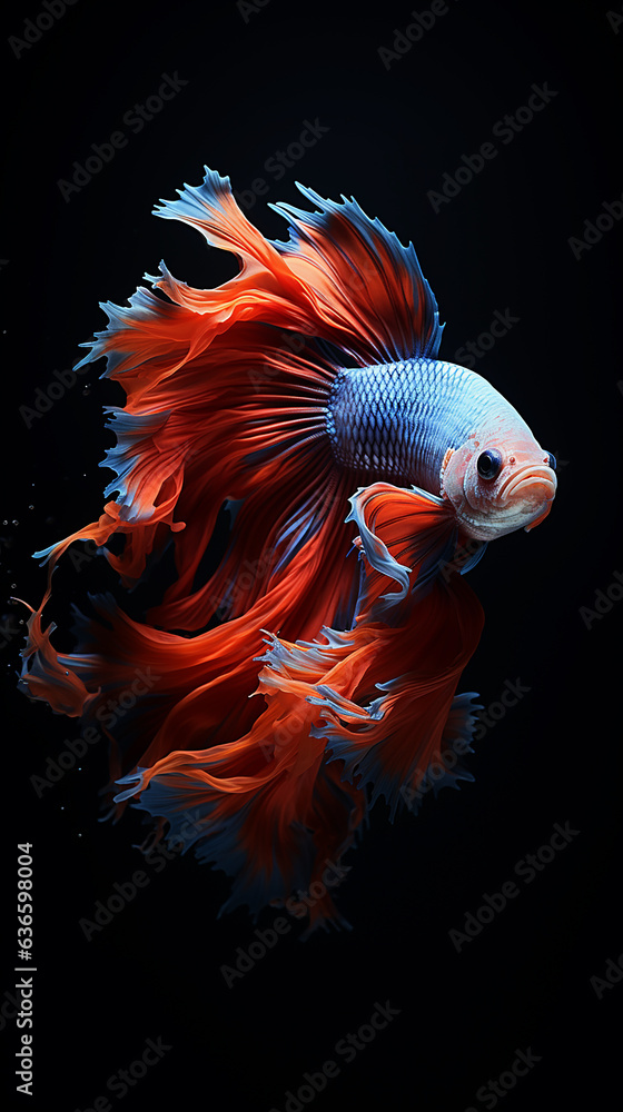 Obraz premium betta fish, fish fighters, ios background style, siamese fish fighting isolated on black background, betta splendens isolated beautiful tail, 