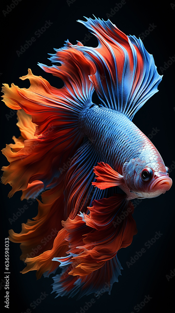 Obraz premium betta fish, fish fighters, ios background style, siamese fish fighting isolated on black background, betta splendens isolated beautiful tail, 