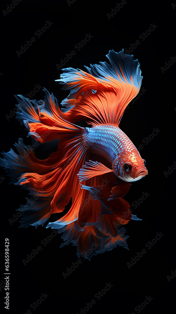 Obraz premium betta fish, fish fighters, ios background style, siamese fish fighting isolated on black background, betta splendens isolated beautiful tail, 