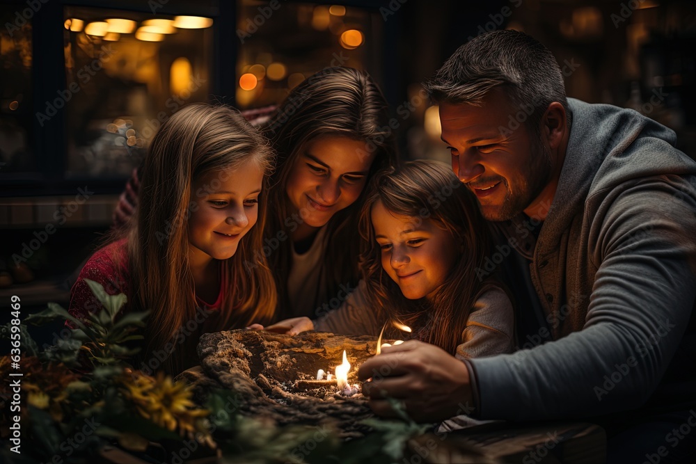 A charming family scene unfolds by the fireplace, where warmth and laughter melt away the winter's chill