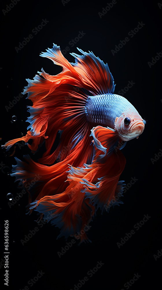 Obraz premium betta fish, fish fighters, ios background style, siamese fish fighting isolated on black background, betta splendens isolated beautiful tail, 