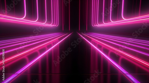 3D Render of a Room with Glowing Fuchsia Neon Lines. Abstract Background