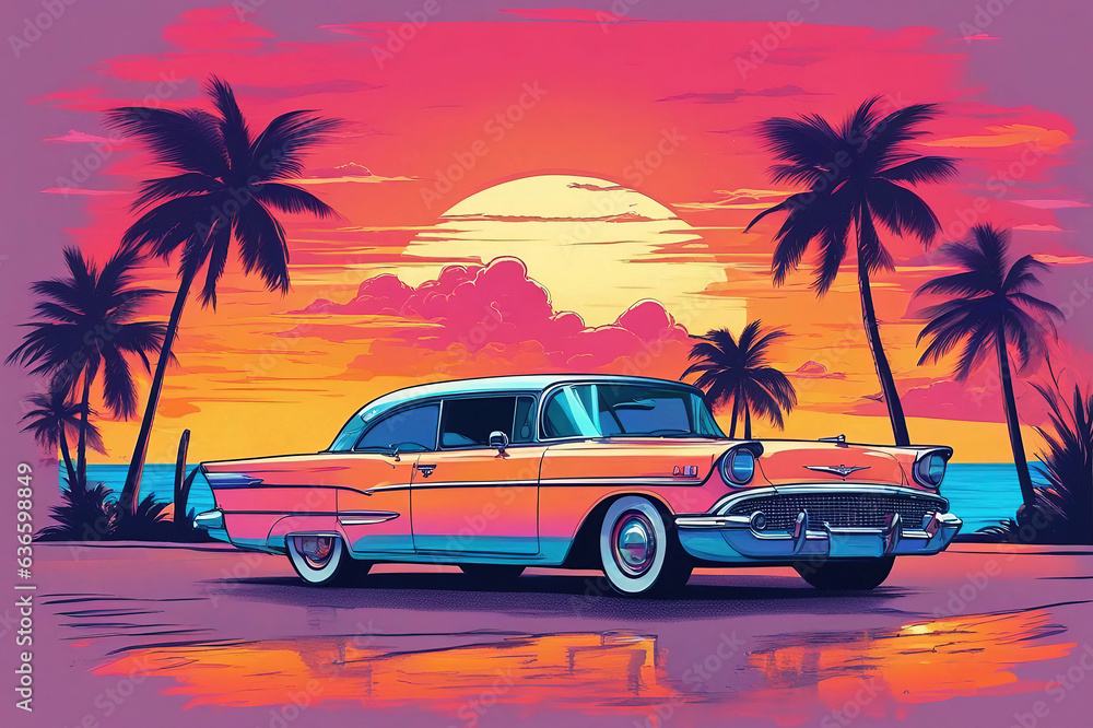 Retro car on the beach with palms  at sunset vintage design.
