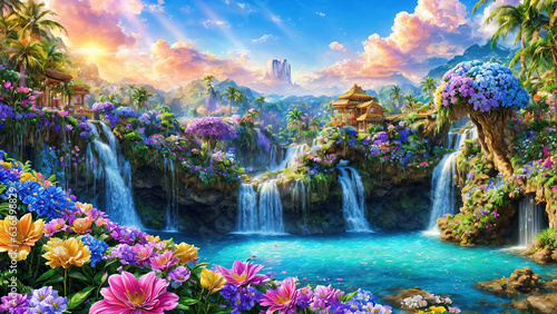 Paradise landscape with beautiful gardens, waterfalls and flowers, magical idyllic background with many flowers in eden.
