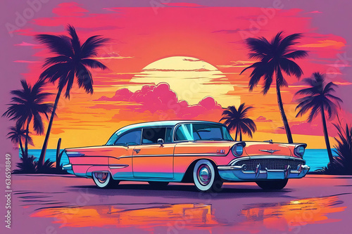 Retro car on the beach with palms  at sunset vintage design. © Cobalt
