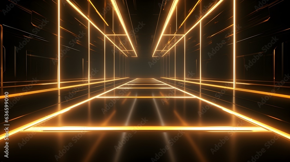 3D Render of a Room with Glowing Gold Neon Lines. Abstract Background 3D Render of a Room with Glowing Gold Neon Lines. Abstract Background