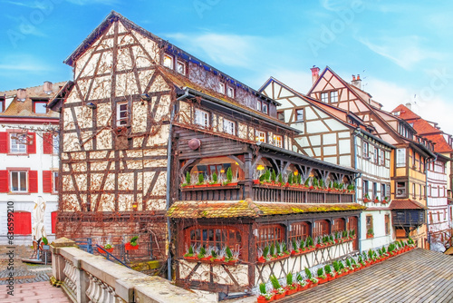 Traditional half-timbered houses on the canals district La Petite France in Strasbourg, Alsace, France