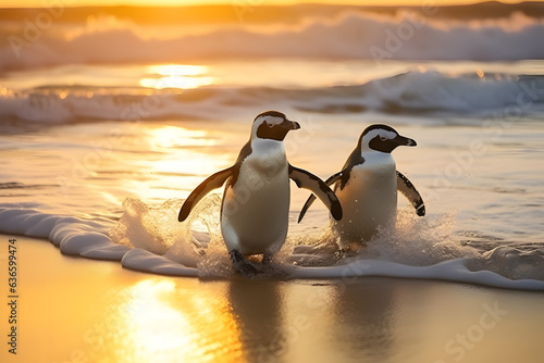 Two penguins coming ashore from Atlantic ocean.