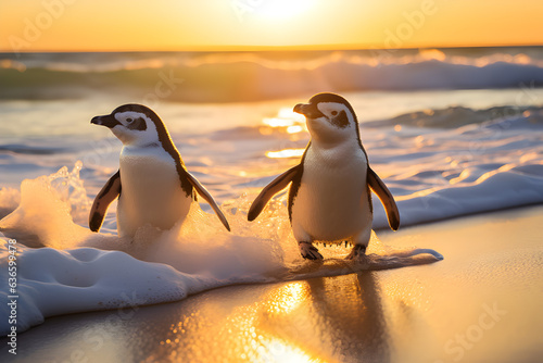 Chinstrap penguins (Pygoscelis chinstrap) on the beach at sunset, South Africa.
