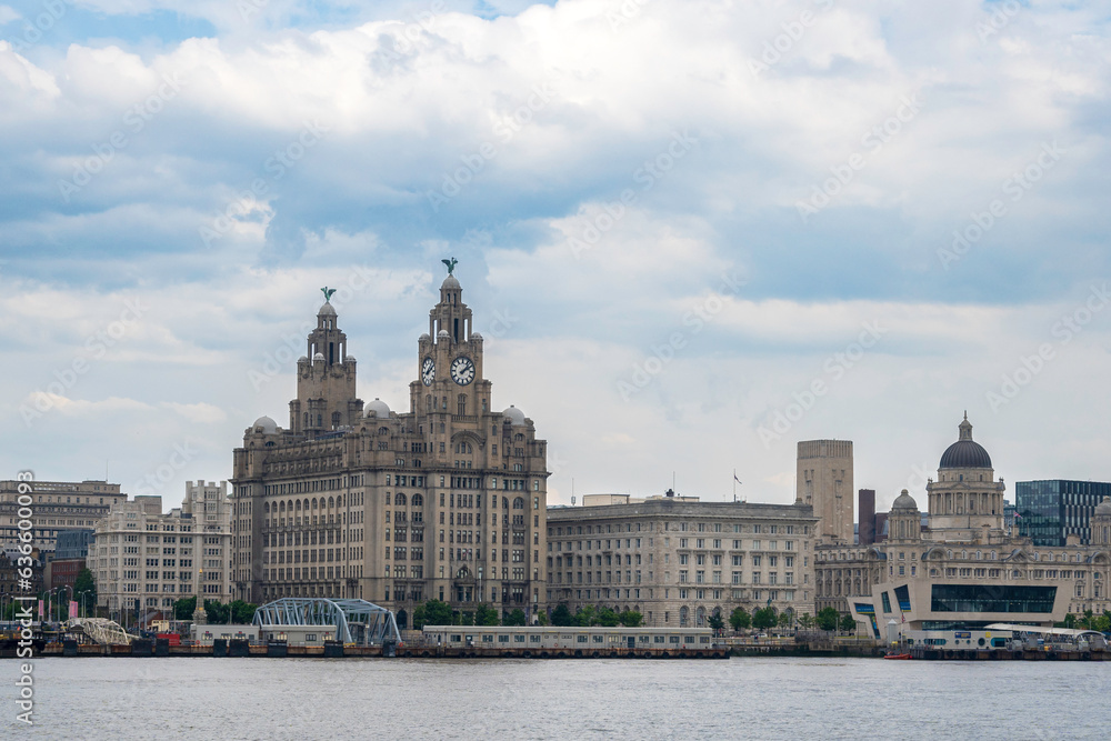 The iconic river front of Liverpool, England, including the famous Liverbirds building. 