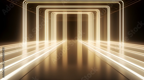 3D Render of a Room with Glowing Ivory Neon Lines. Abstract Background
