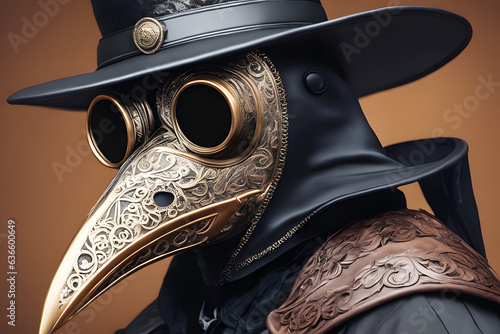 A man dressed with a plague doctor mask and costume from seventeenth-century. Generative AI