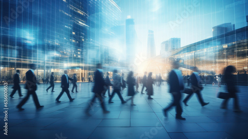 Generative AI. abstract motion blur image of business people crowd walking at corporate office in city downtown  blurred background  business center concept