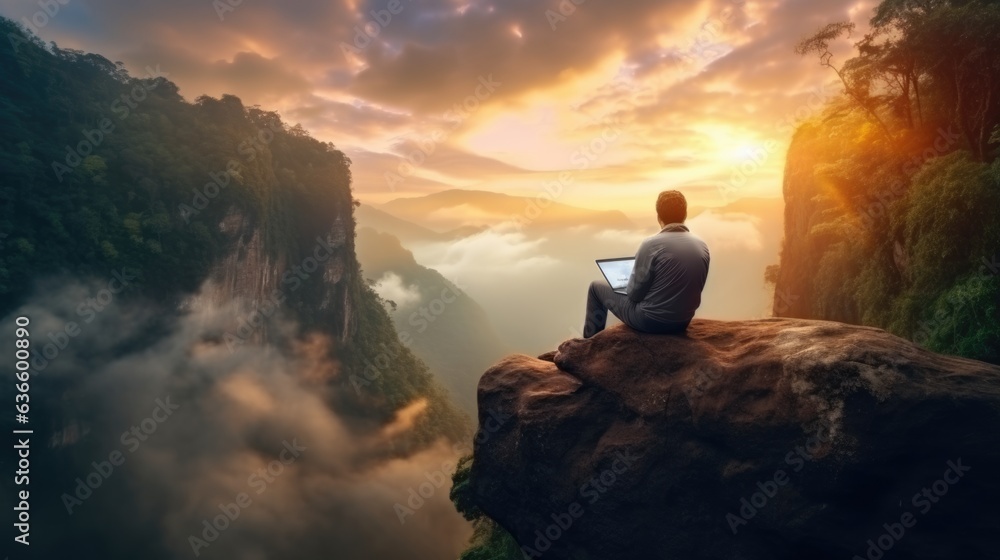 business man work online with his laptop internet at awesome mountain range. 