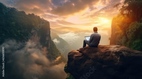 business man work online with his laptop internet at awesome mountain range. 
