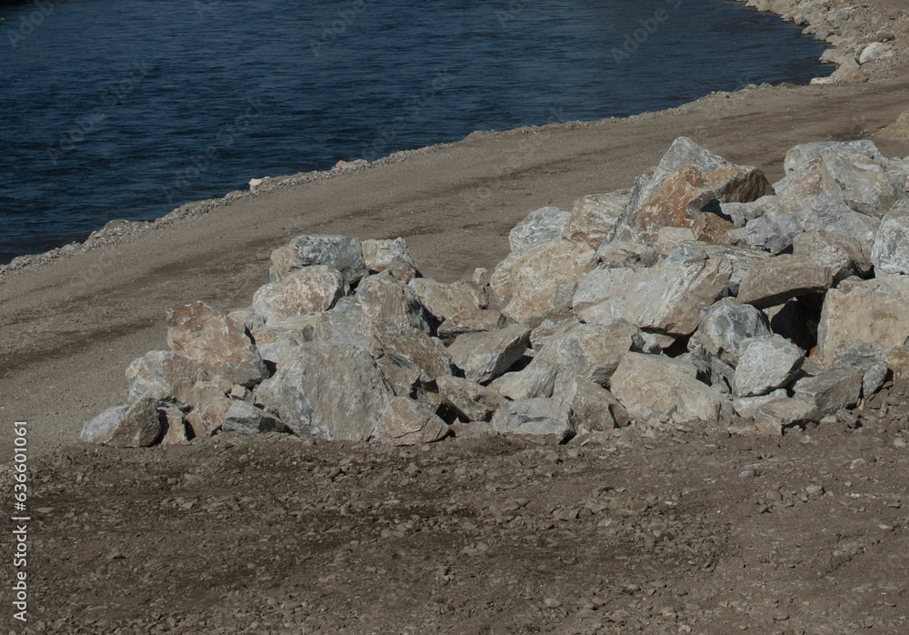 stone shoring on the river bank