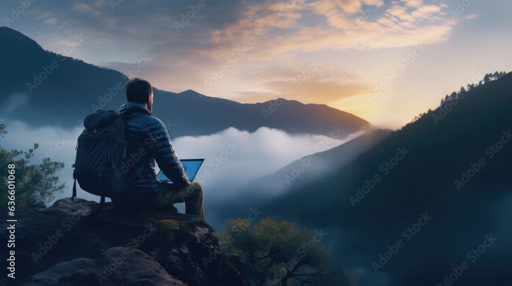Fototapeta premium business man work online with his laptop internet at awesome mountain range. 