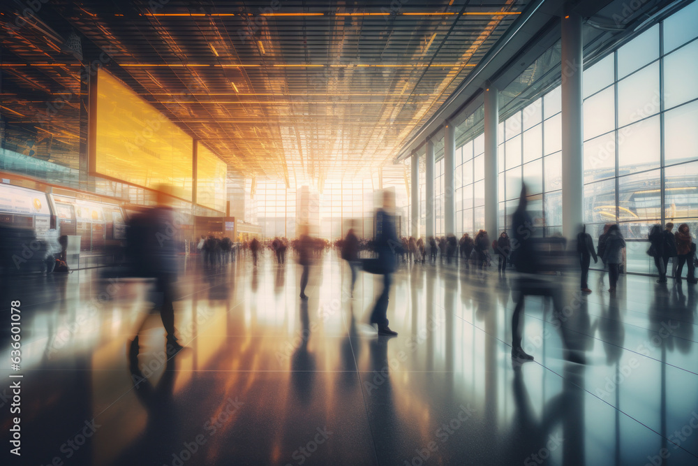 Generative AI. abstract motion blur image of people crowd walking to travel and transport at airport or train station, transportation concept Generative AI. abstract motion blur image of people crowd walking to travel and transport at airport or train station, transportation concept