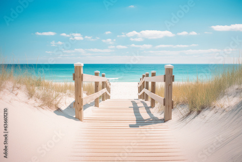 Wooden boardwalk leading to a beach. Light-colored wood, railings, dune grass. Ocean and blue sky in the background. Bright and sunny mood.