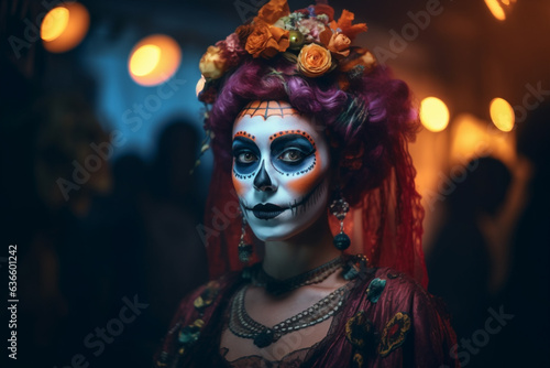 Woman with Halloween Dia de los Muertos costume face paint