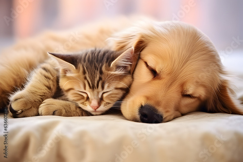 Cute cat and dog sleeping together on sofa at home, closeup.