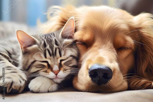 Cute cat and dog sleeping together on sofa at home, closeup.