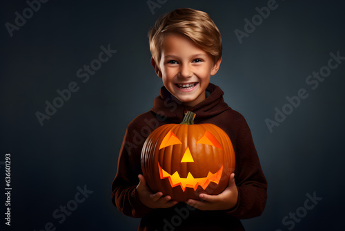 happy caucasian boy child with a halloween pumpkin in hand