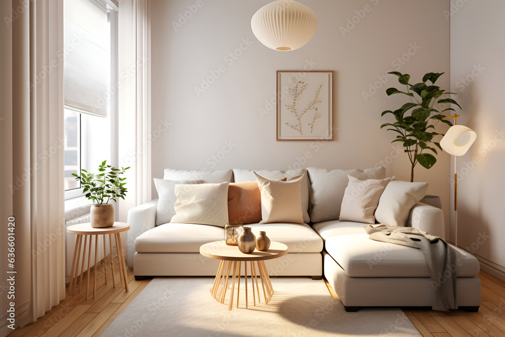 Fototapeta premium Modern open space interior with designer sofa, furniture, wooden table, poster mockup frame, throw, pillows and elegant personal accessories in stylish home decor. Neutral living room. Generative AI