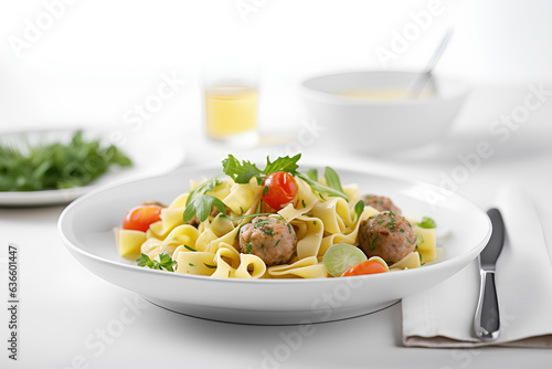 Homemade tagliatelle pasta with meatballs on white plate. Italian food.