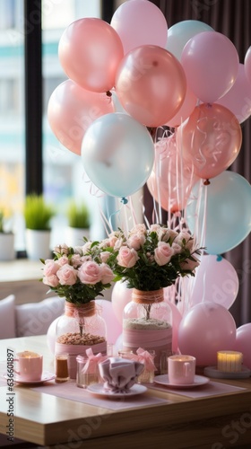 Pastel colors of balloons and flowers in vases, wedding decoration concept