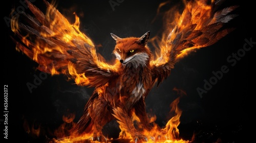 Epic phonix animal portrait, flaming power background, warrior figure, determination ready for action, blazing fire . wallpaper, Generative AI  photo