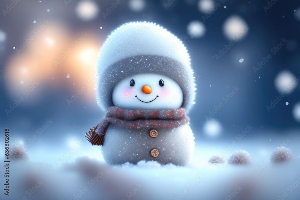 Christmas decoration with a cute cheerful snowman in the snow in a winter park with beautiful bokeh. AI generated.