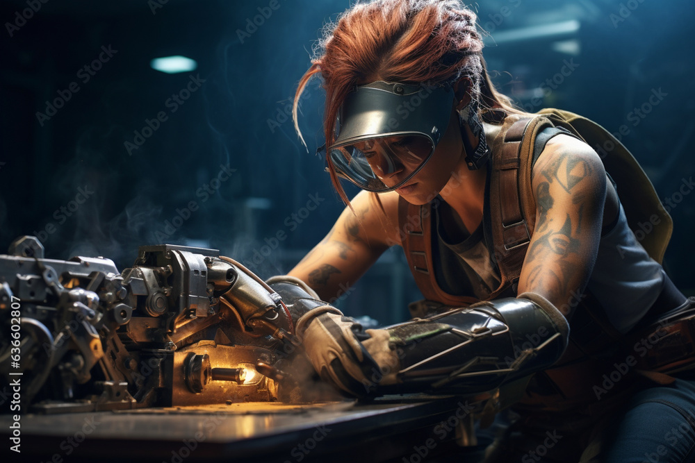 Fototapeta premium The determined woman welder sparks brilliance in her heavy gear, creating a dynamic scene of skilled craftsmanship and industrial power. 