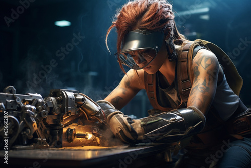The determined woman welder sparks brilliance in her heavy gear, creating a dynamic scene of skilled craftsmanship and industrial power.  © Maksym