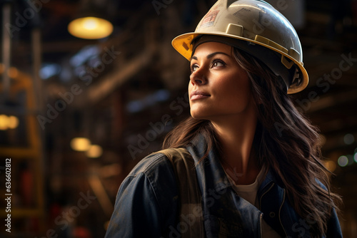 Amid a construction site, the woman in a hard hat directs operations, her confident posture reflecting leadership in the world of heavy industry. 