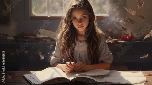 Obraz Rozmarzona, fantazjująca i rozmyślająca dziewczynka w pokoju nad zeszytem pisze opowiadanie o ptakach latających wokół niej