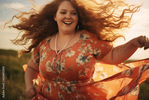 A playful candid moment captures the overweight woman twirling in her summer clothes  encapsulating the joy that arises from self-acceptance and love. 