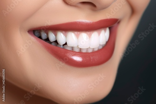 Woman smile showing teeth close up. Beautiful woman pointing at her healthy white teeth and widely smiling. Woman dental health poster concept
