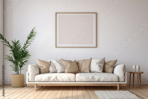 Generative AI. mockup empty poster frame on wall with furniture in living room interior at house background. interior design, picture frame, architecture, interior design, home decoration concept
