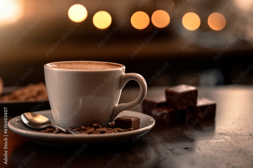 Coffee cup with cinnamon and coffee beans on dark background.