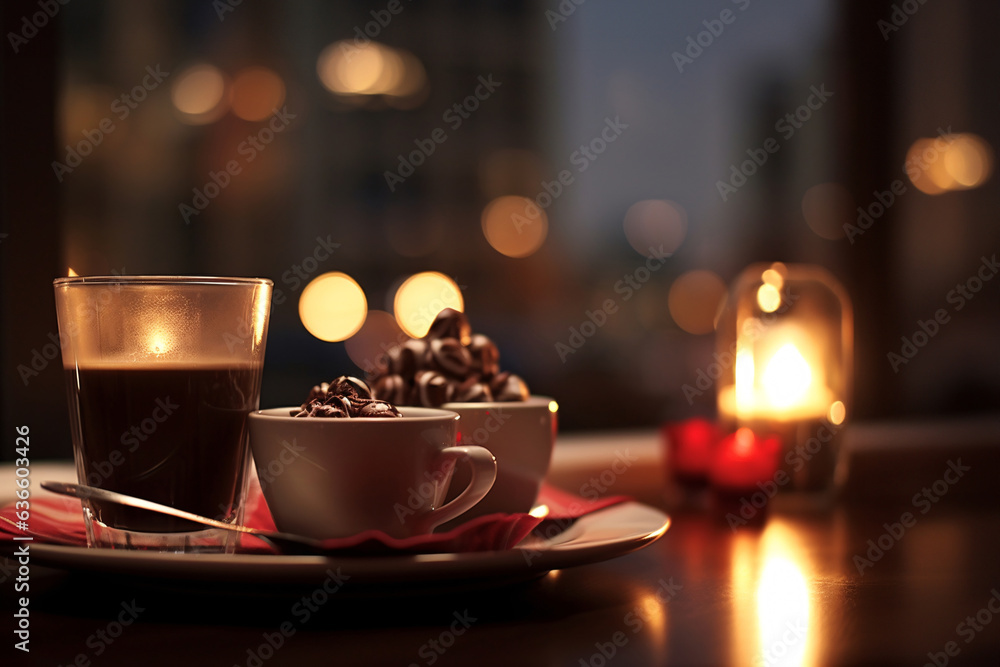 Cup of coffee and chocolate candies on a table at night Cup of coffee and chocolate candies on a table at night