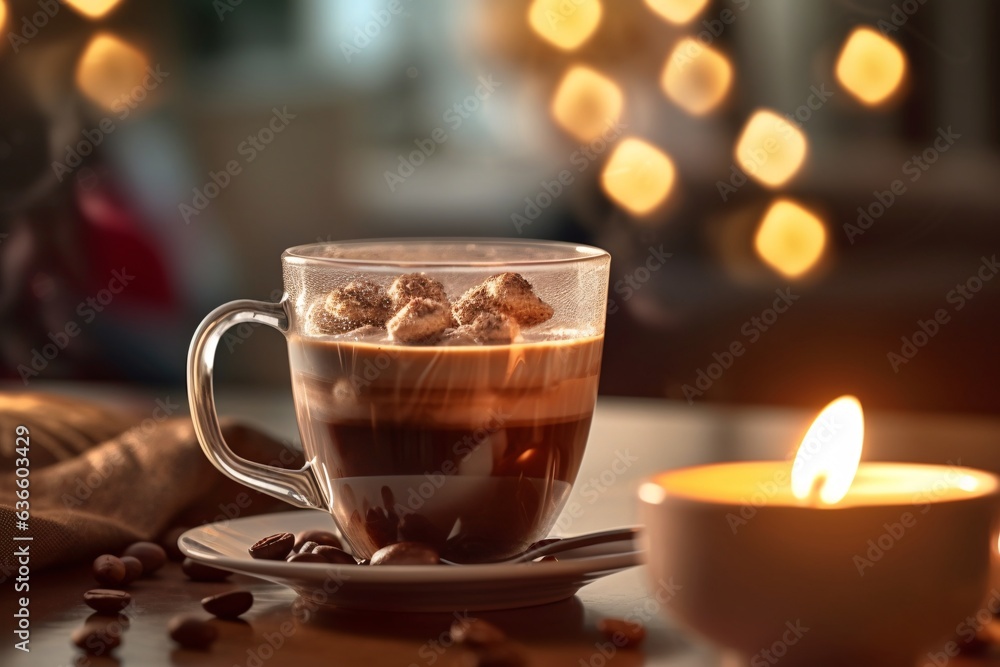 Cup of coffee with whipped cream on table against blurred lights background