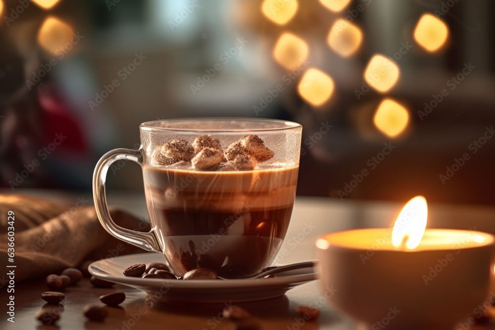 Cup of coffee with whipped cream on table against blurred lights background Cup of coffee with whipped cream on table against blurred lights background
