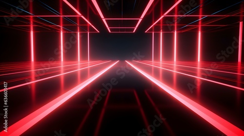 3D Render of a Room with Glowing Light Red Neon Lines. Abstract Background