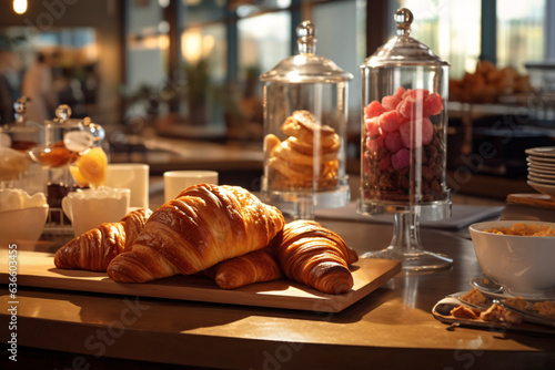 Breakfast with coffee and croissants on table in hotel restaurant